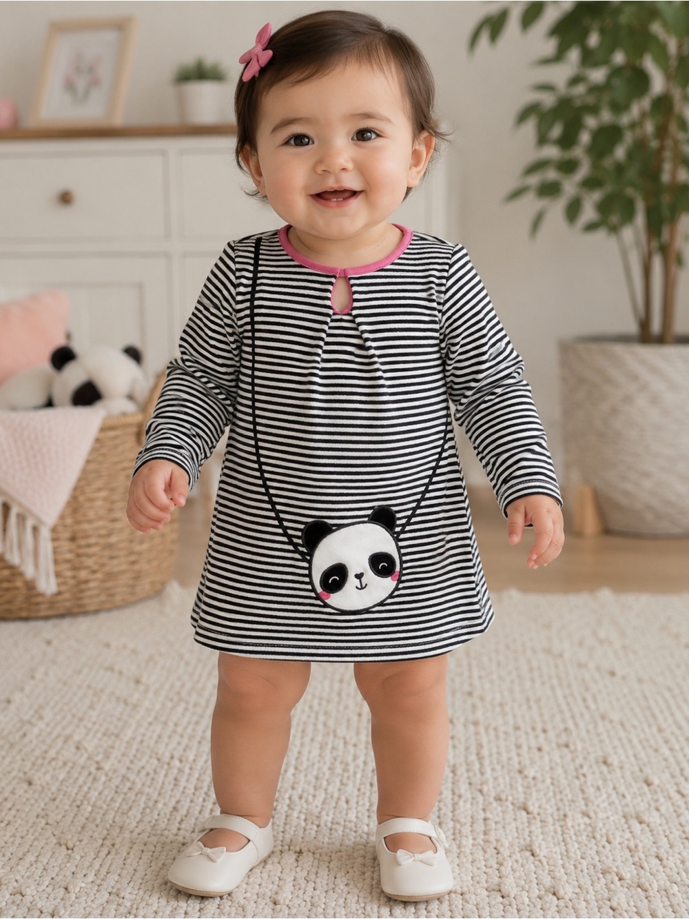 Gymboree Panda Black and White Striped Dress with Pink Trim Size 12-18 months